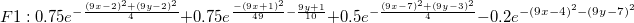 F1: 0.75e^{-\frac{(9x-2)^2+(9y-2)^2}{4}}+0.75e^{\frac{-(9x+1)^2}{49}-\frac{9y+1}{10}}+0.5e^{-\frac{(9x-7)^2+(9y-3)^2}{4}}-0.2e^{-(9x-4)^2-(9y-7)^2}
